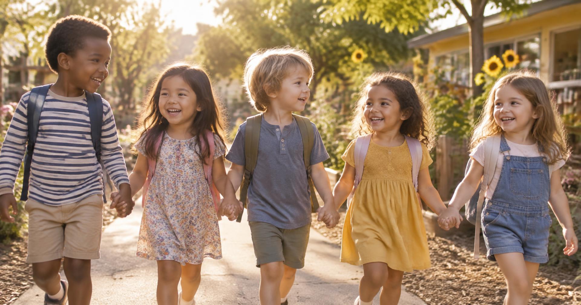 Five young children walk hand in hand along a sunny garden path outdoors.
