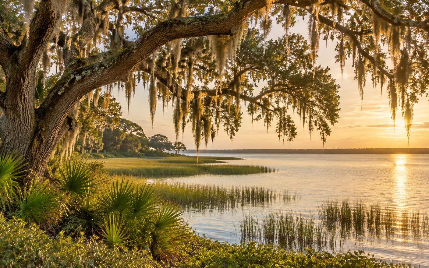 Live oak trees draped in Spanish moss beside calm marsh water at golden hour in coastal North Florida.