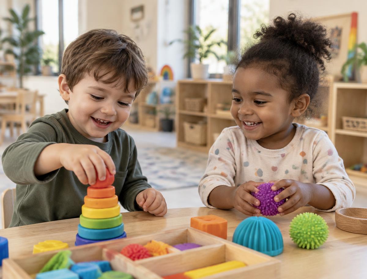 Two young children playing together with colourful stacking toys at a classroom table.