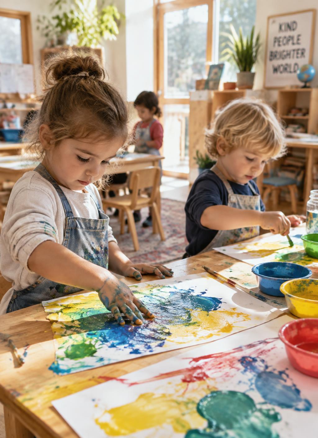 A child paints at a table while an adult offers a helping hand with the brushes.