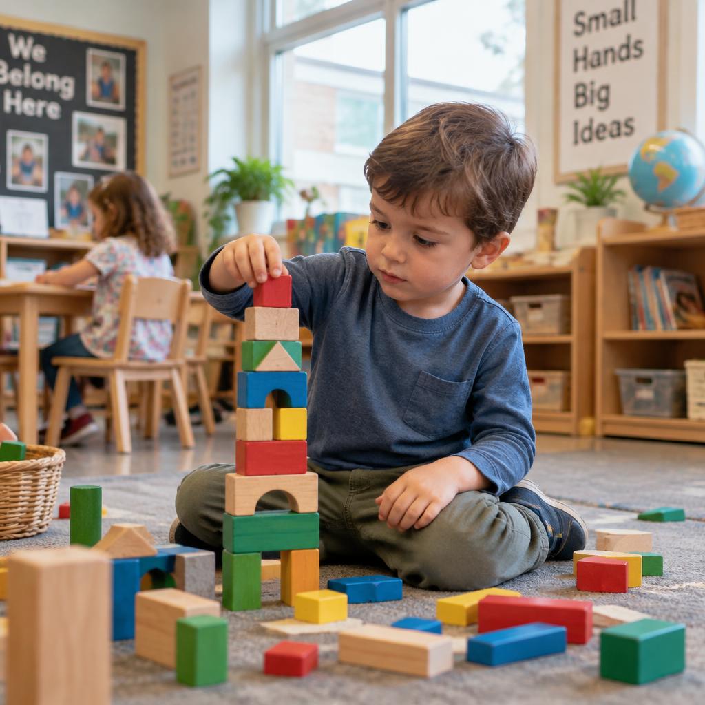 A young child examines a natural object closely during a hands-on classroom activity.