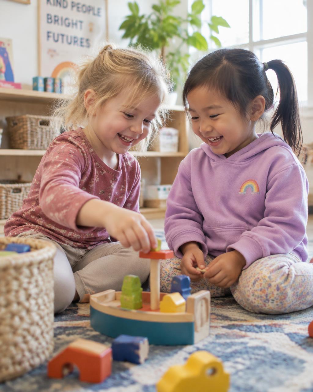 Two young children laugh together while playing side by side indoors.