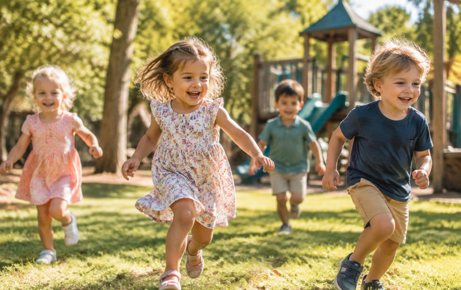 Children play outside on a sunny day with an adult nearby.