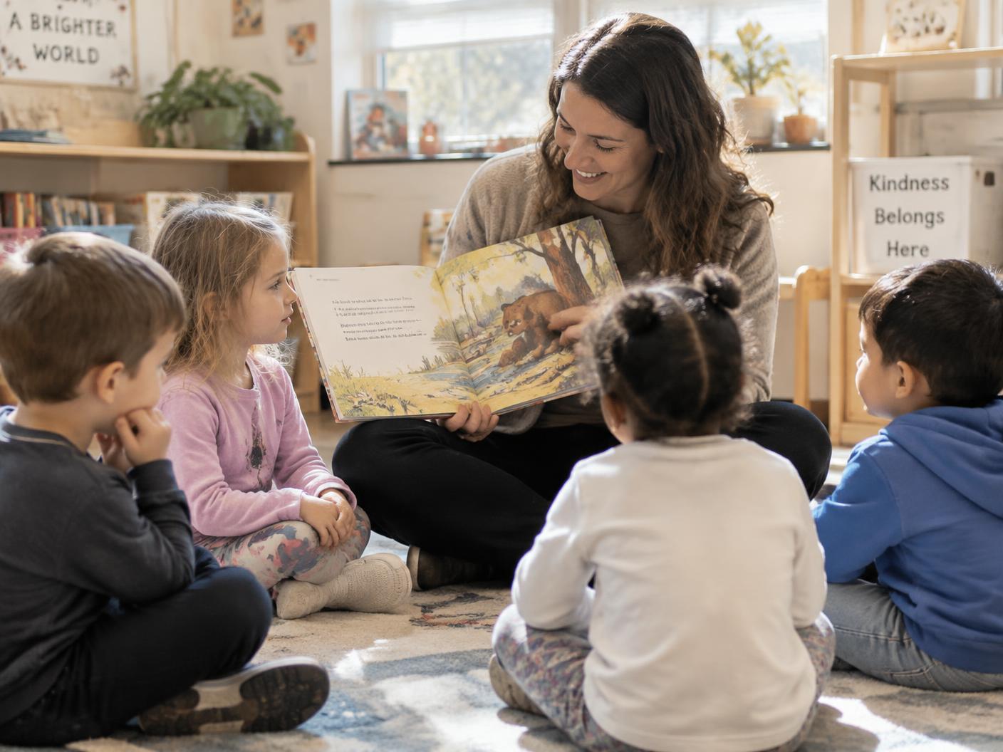 A teacher reads a picture book aloud to preschoolers gathered close on a soft rug.