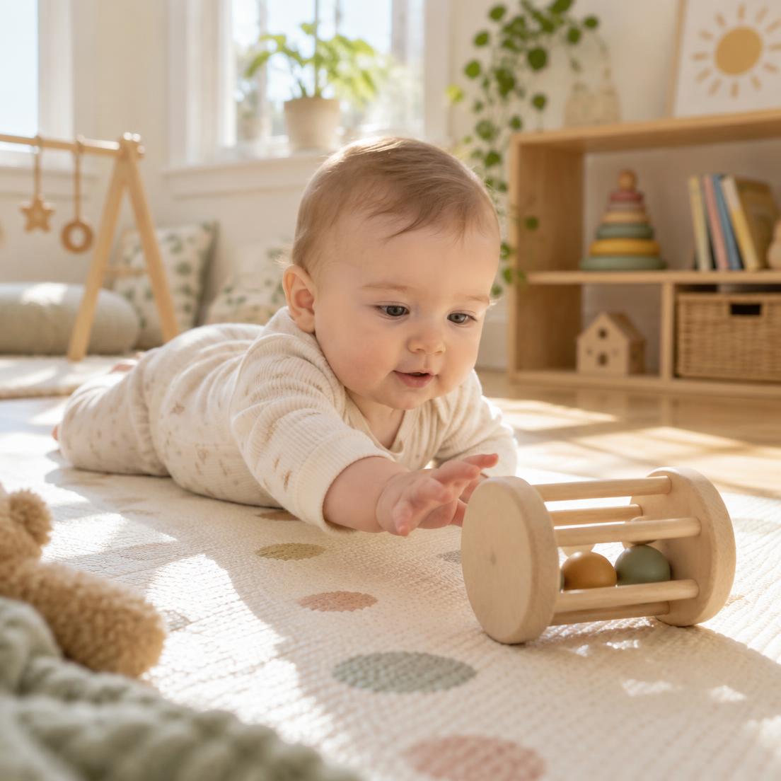 A baby on a play mat reaches toward a simple wooden rolling toy during floor play.