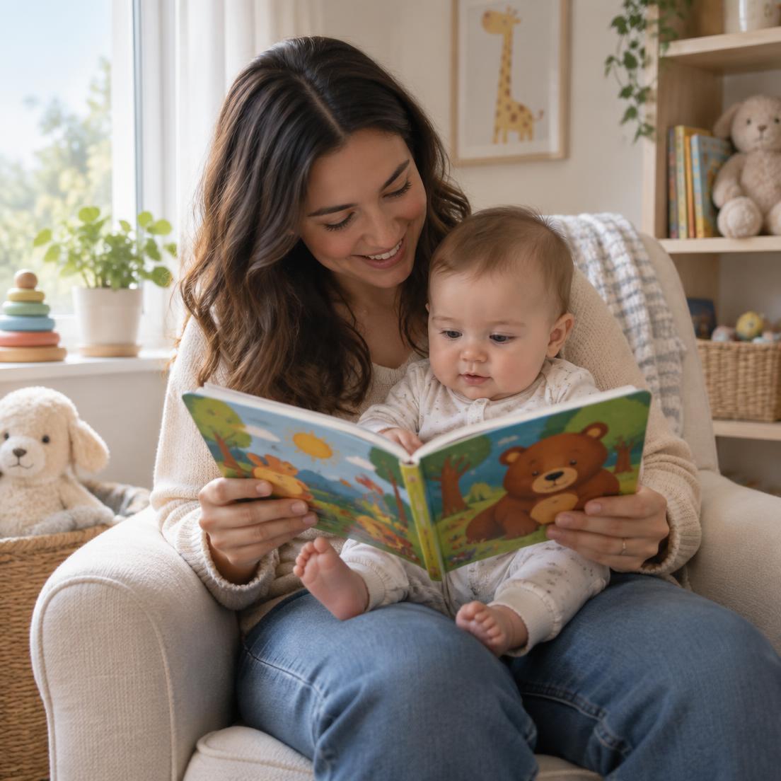 A caregiver reads a colorful board book to an attentive baby seated on her lap.