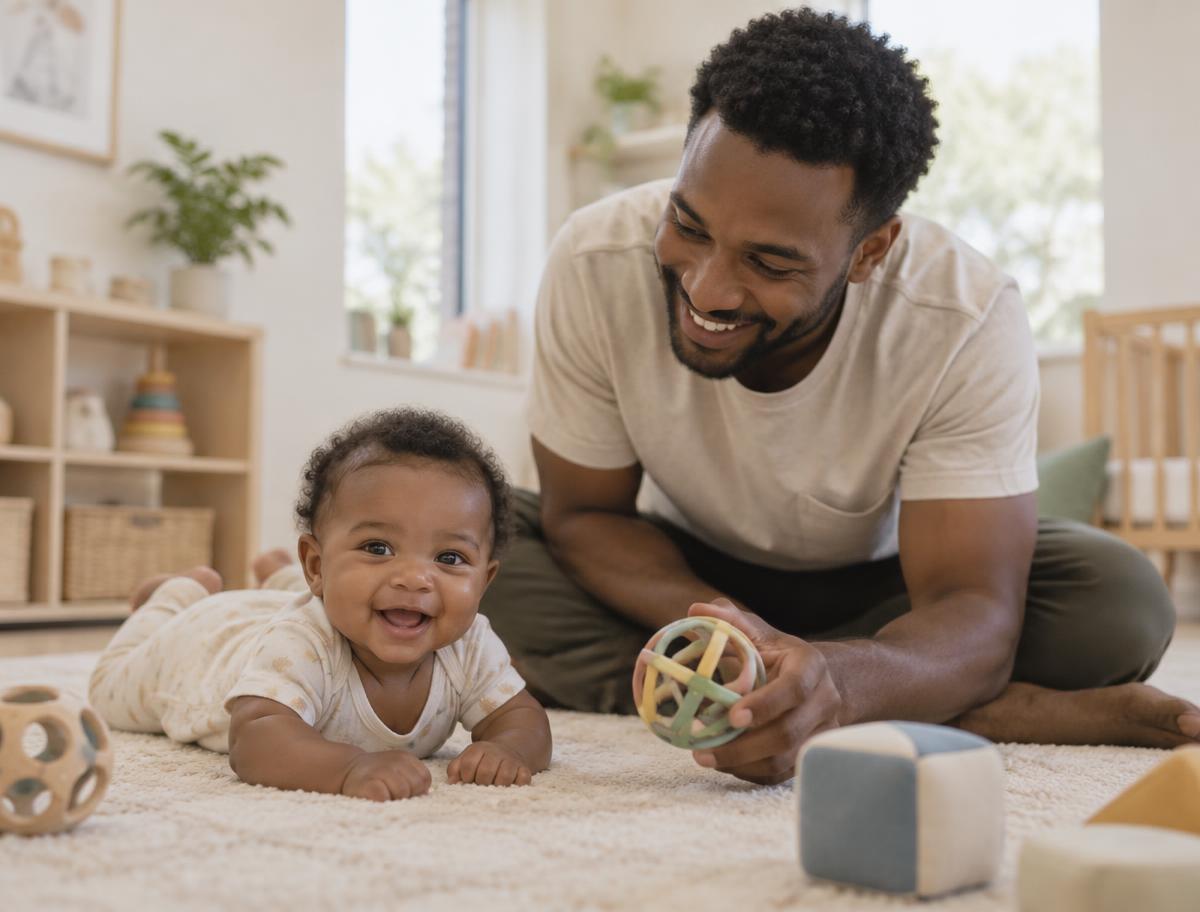 An adult holds and smiles at a baby in a bright, softly furnished infant room.