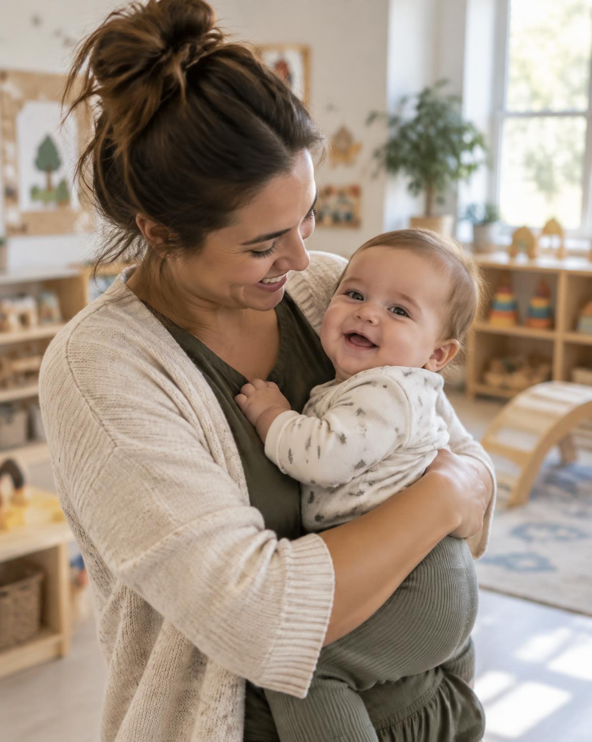 An early childhood teacher holds and smiles at a happy baby in a bright, welcoming nursery classroom.