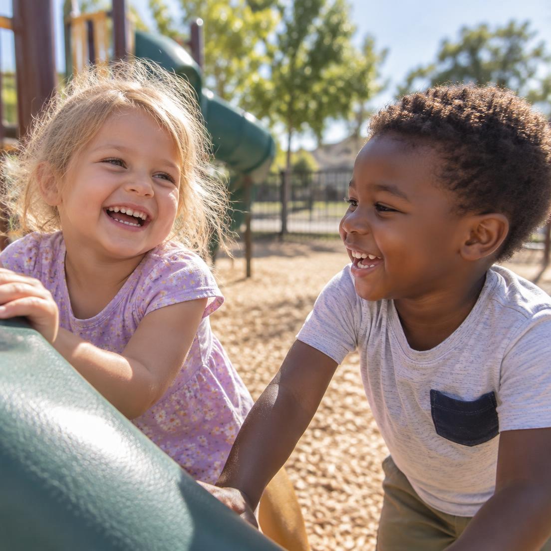 Two preschool friends laugh together while playing on a sunny playground.