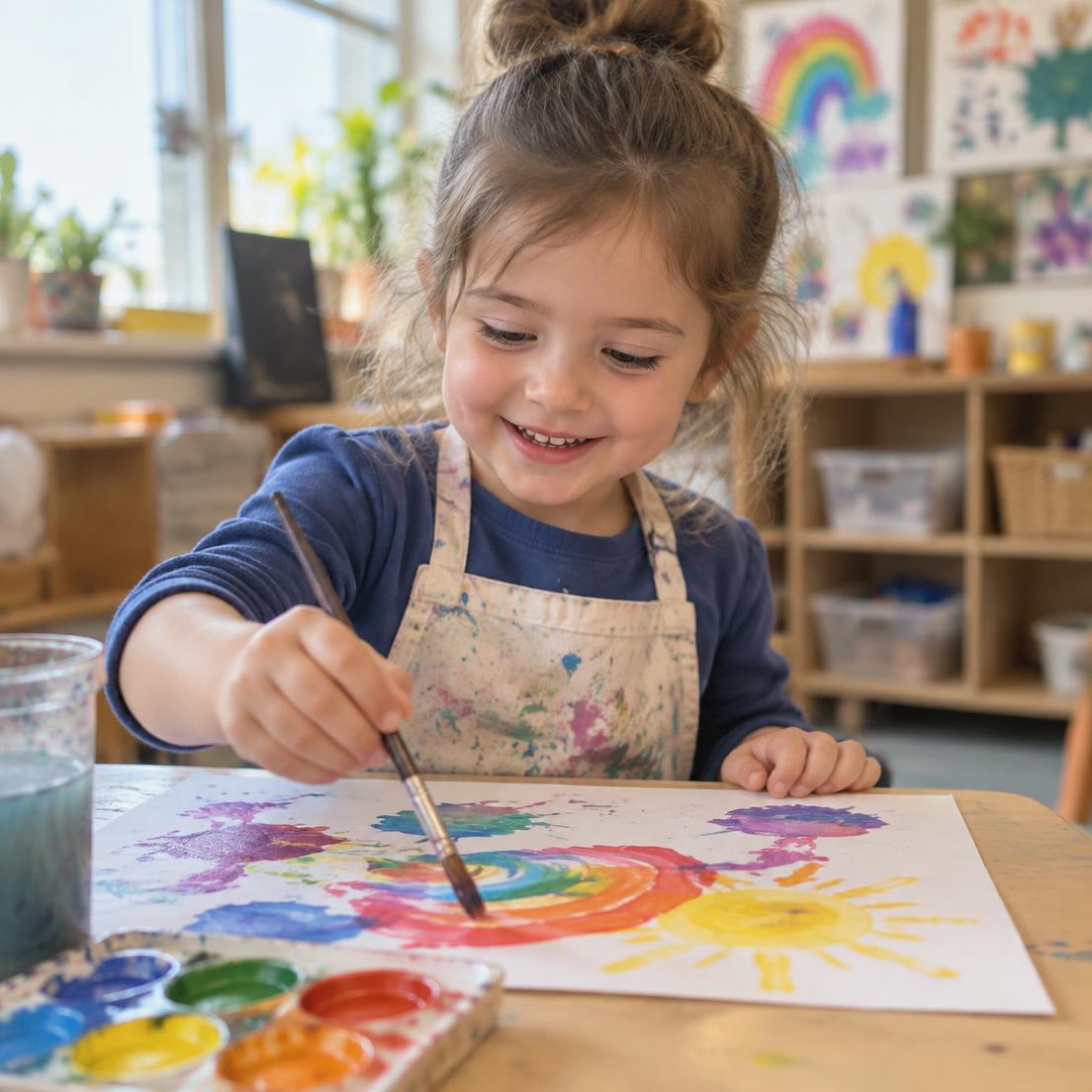 A preschooler paints at an easel with bright colors, sleeves rolled up.