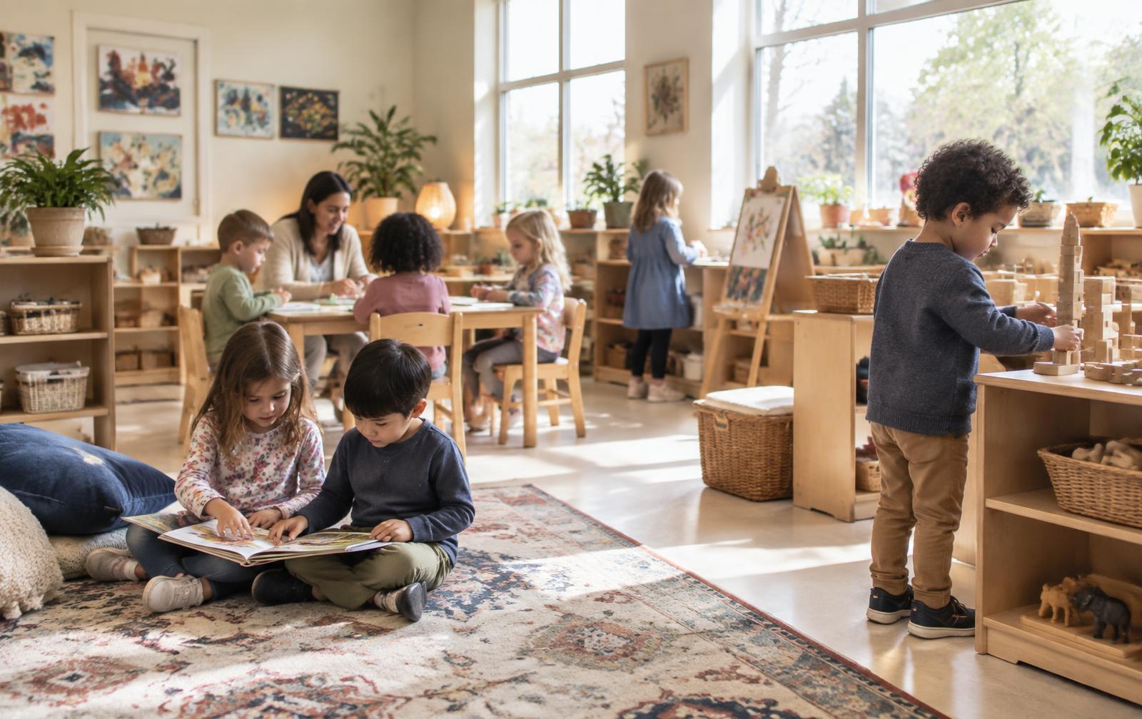 A sunny preschool classroom where children read on a rug, build with blocks and work with a teacher at a table.