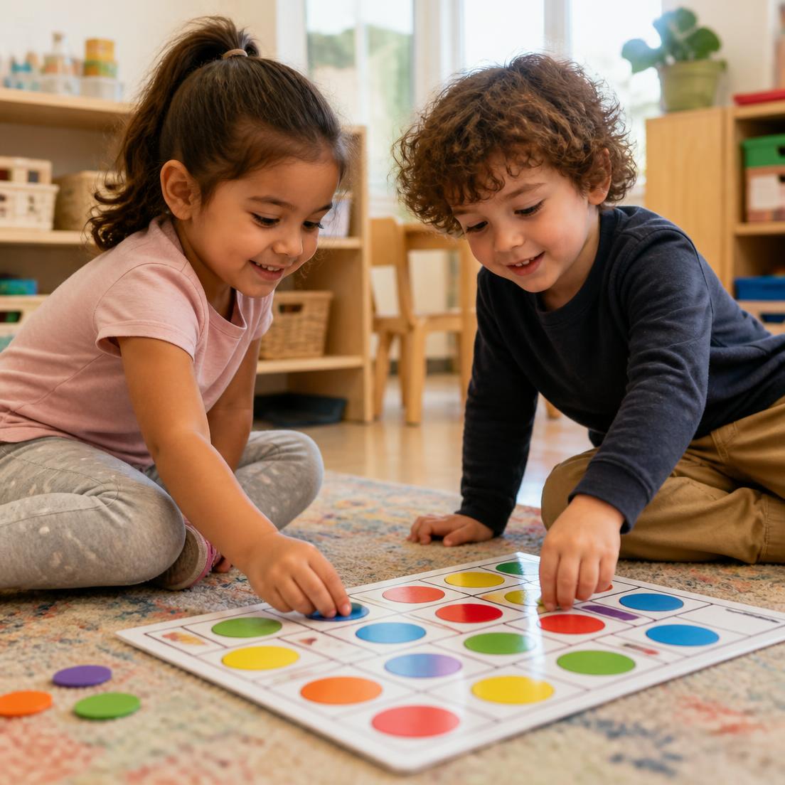 Two preschoolers sit on a rug playing a simple colorful matching game together.