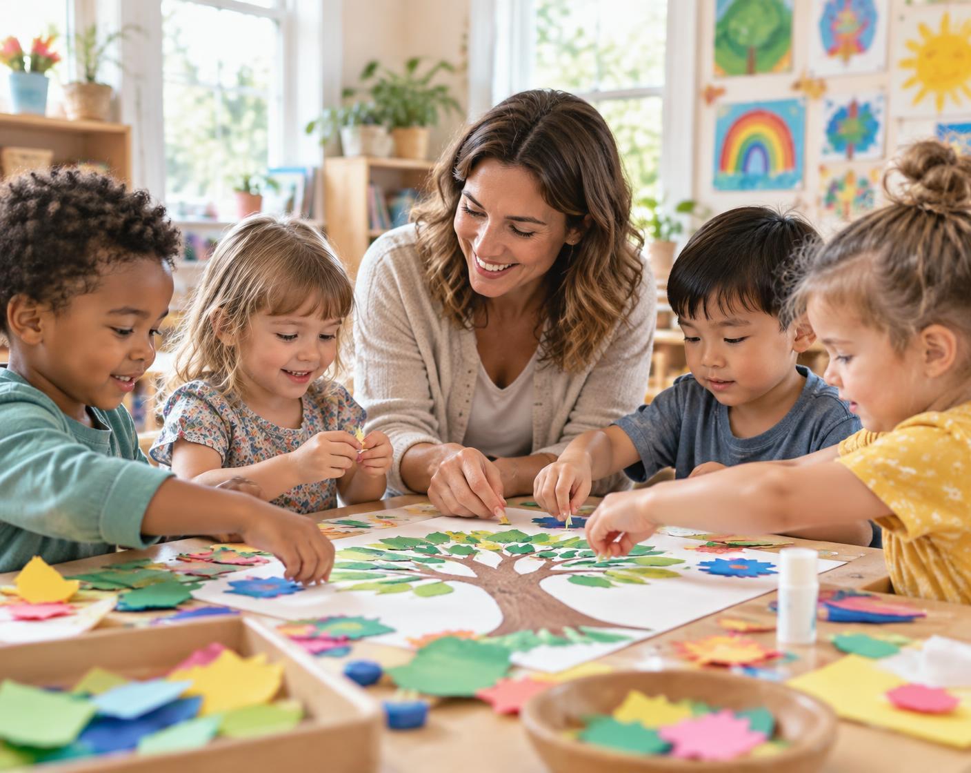 Preschool-age children work together on a colorful paper art project at a table while a teacher helps.