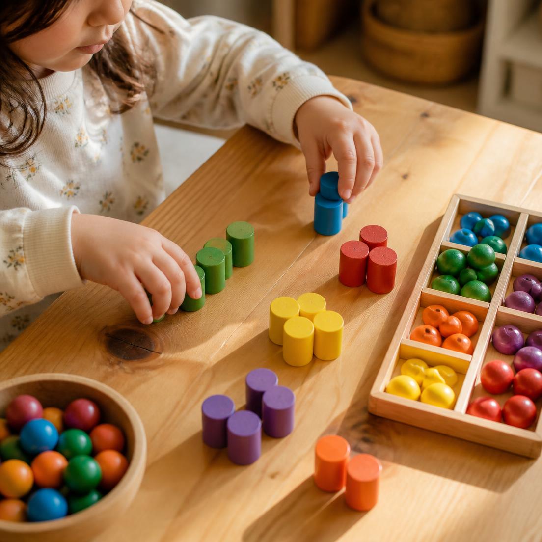 A child's hands sort and count colorful wooden counting pieces on a wooden table.