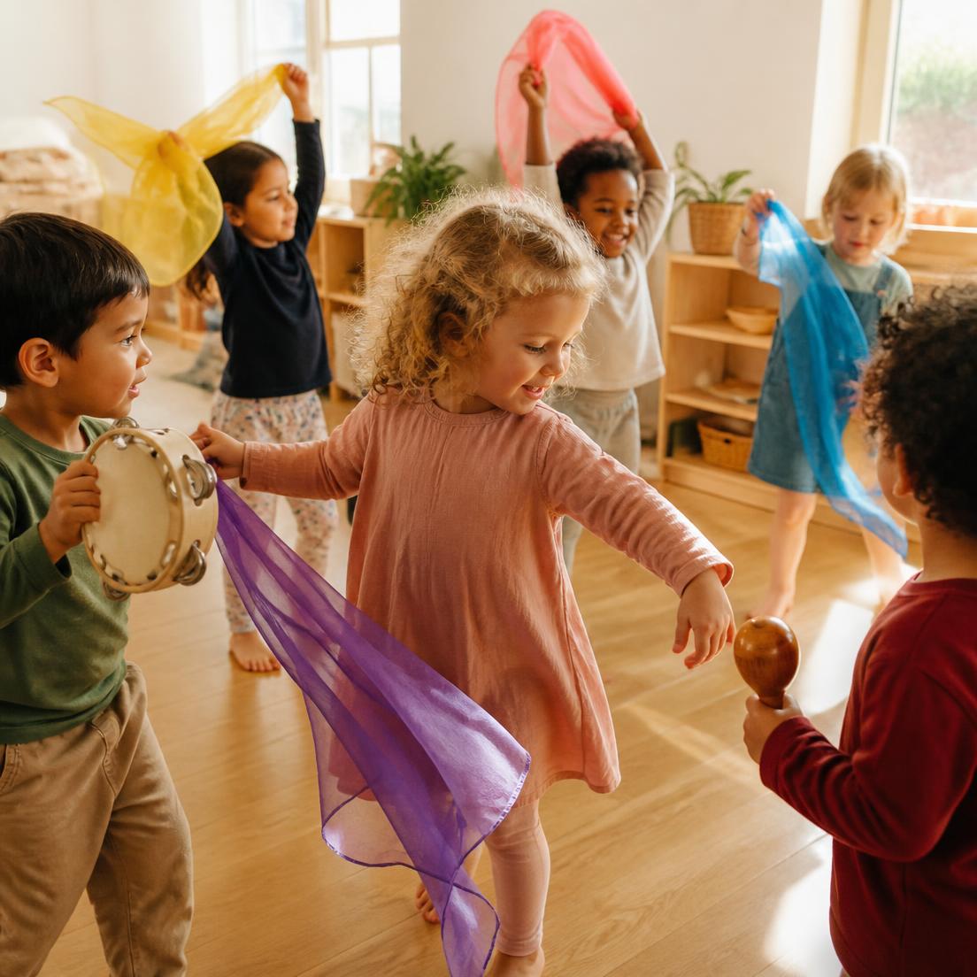 Preschoolers dance with colorful scarves and simple rhythm instruments in a sunny classroom.