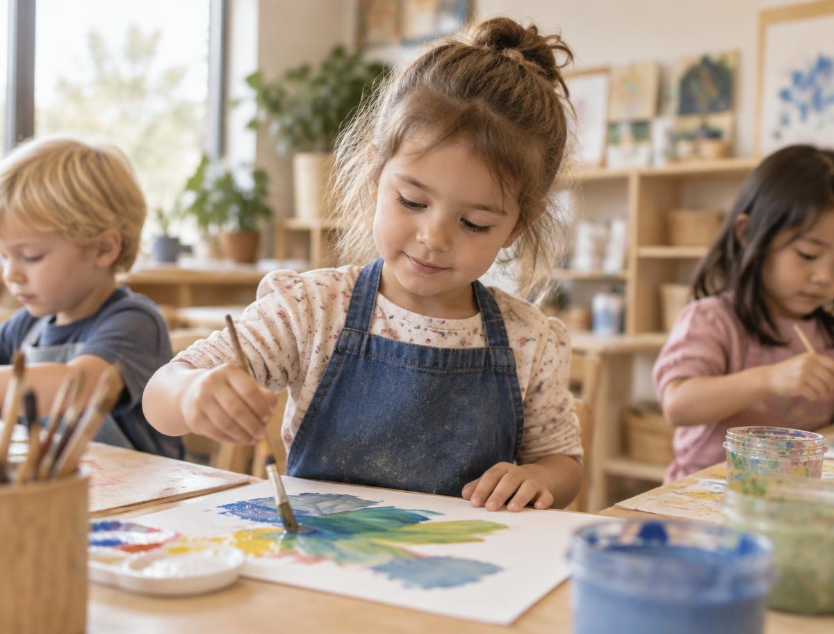 Preschool-age children work together on an activity at a table in a sunny classroom.