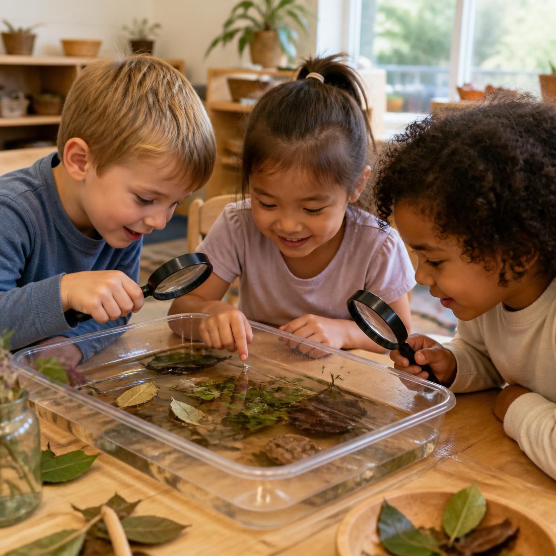 Three preschoolers use magnifying glasses to examine leaves floating in a clear tray of water.