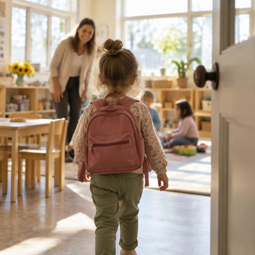 A young child wearing a backpack walking into a sunlit classroom where a teacher waits to greet them.