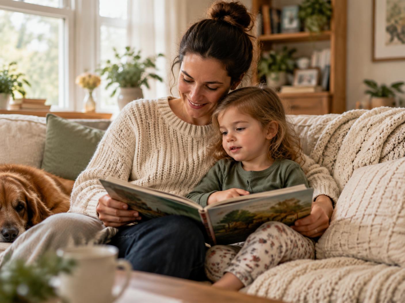 A parent and a young child sitting together on a sofa reading a picture book in soft morning light.