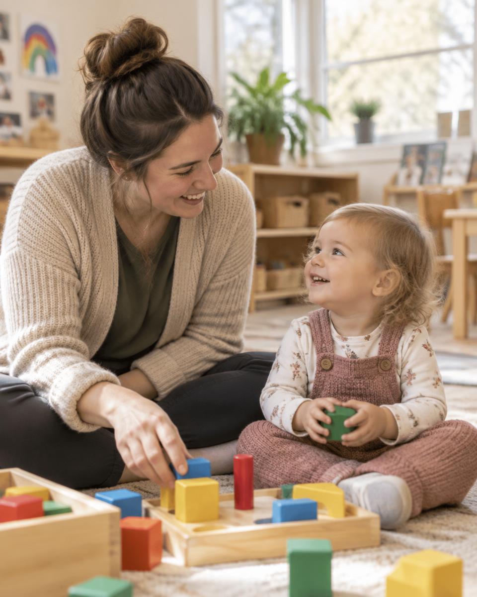 An adult kneels beside a young child at a classroom table, listening closely.