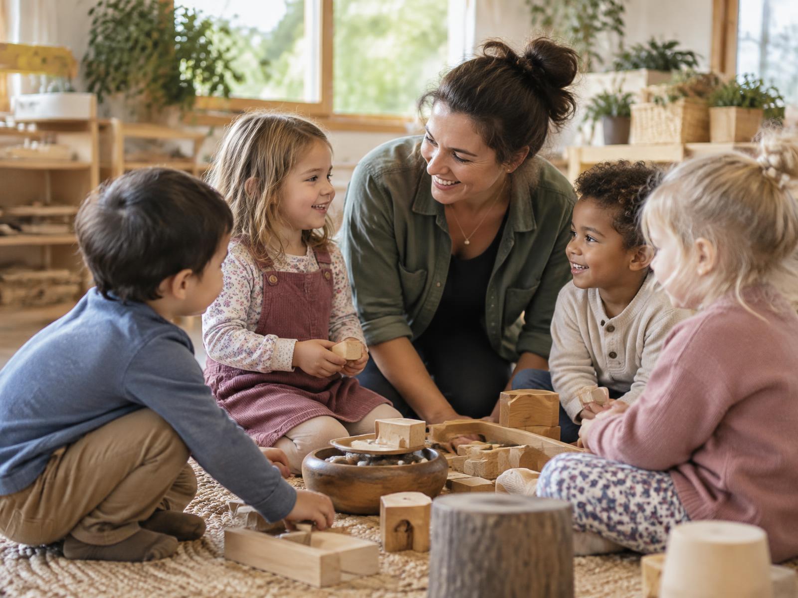 An early childhood educator kneels and smiles with a small group of children playing with wooden blocks in a bright classroom.