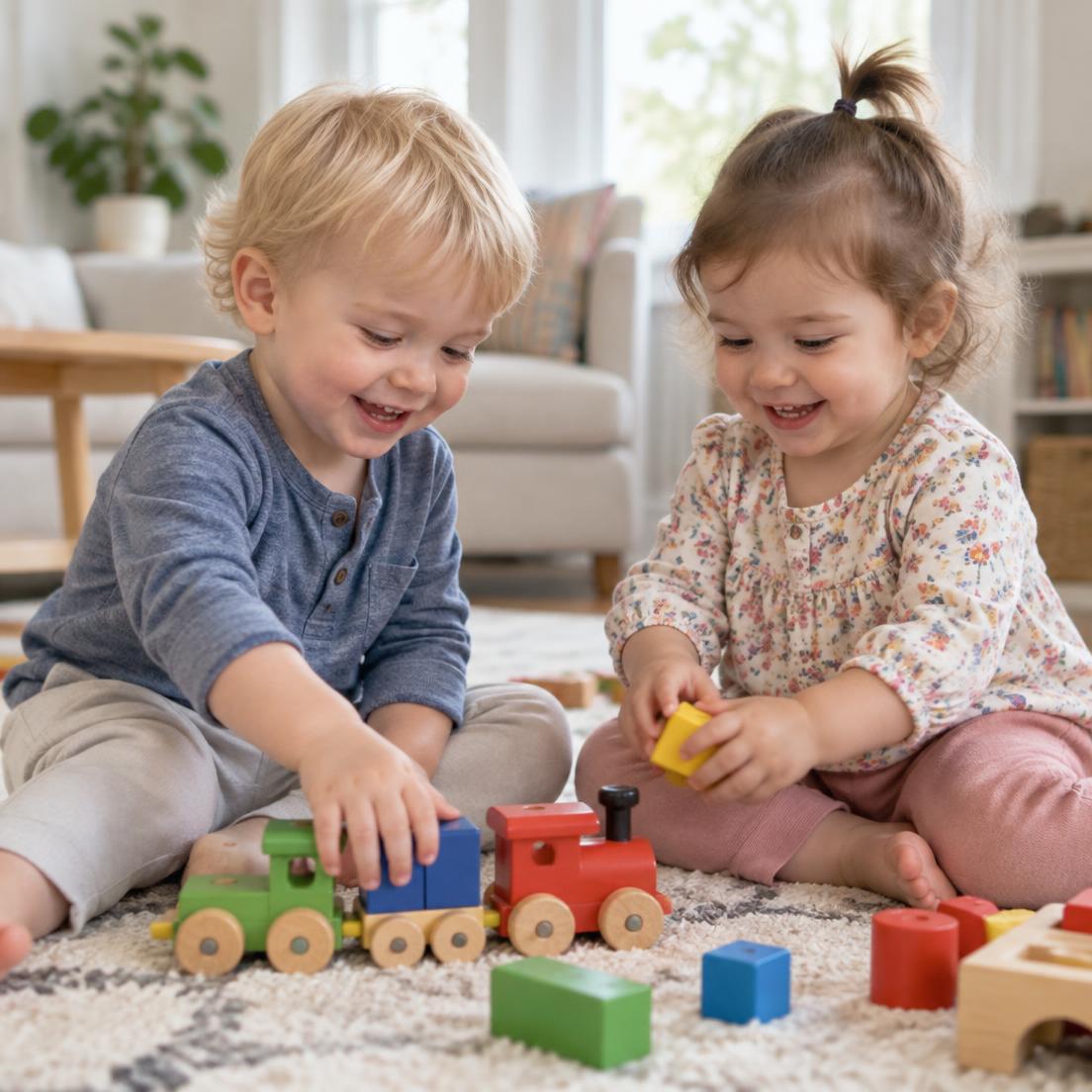 Two toddlers sit on a rug playing side by side with wooden toy trains.