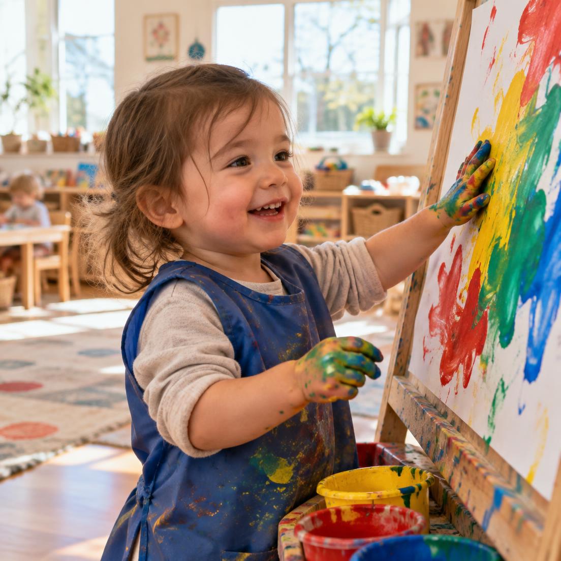 A toddler in a paint smock laughs while painting bright colors on an easel.