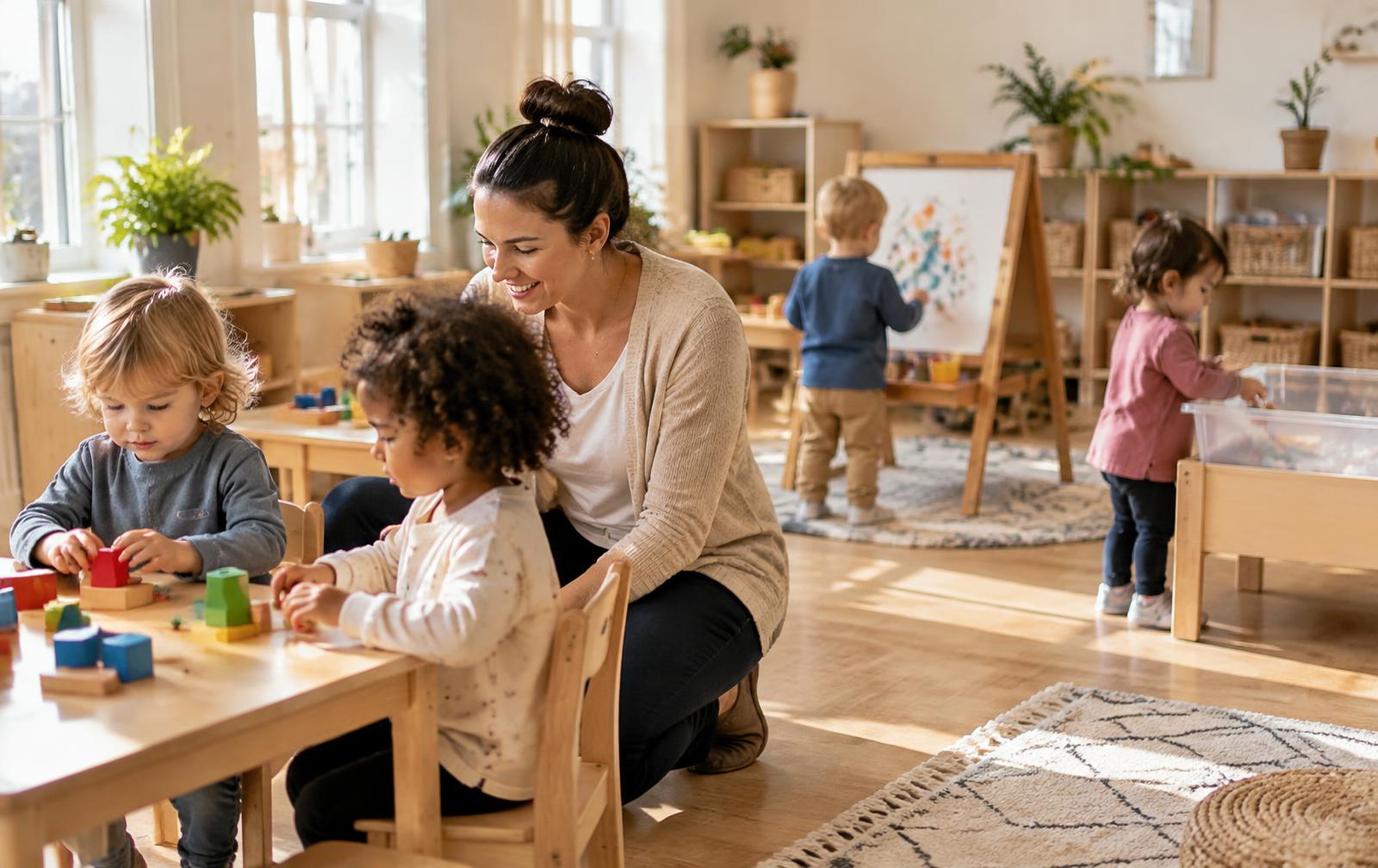Toddlers play at activity stations in a sunny classroom while a teacher kneels beside them.