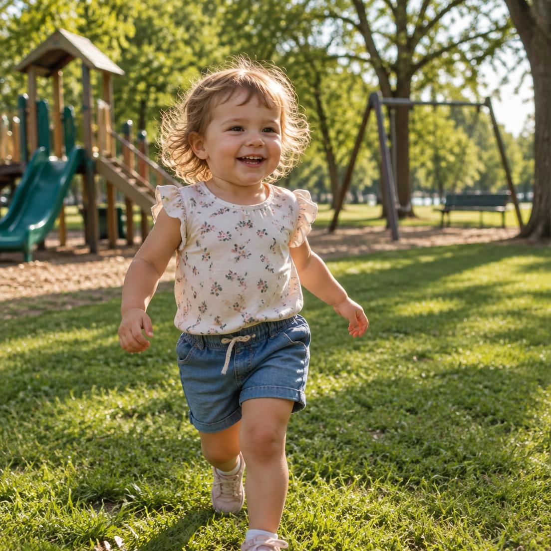A toddler runs across sunny grass near a playground, smiling widely.