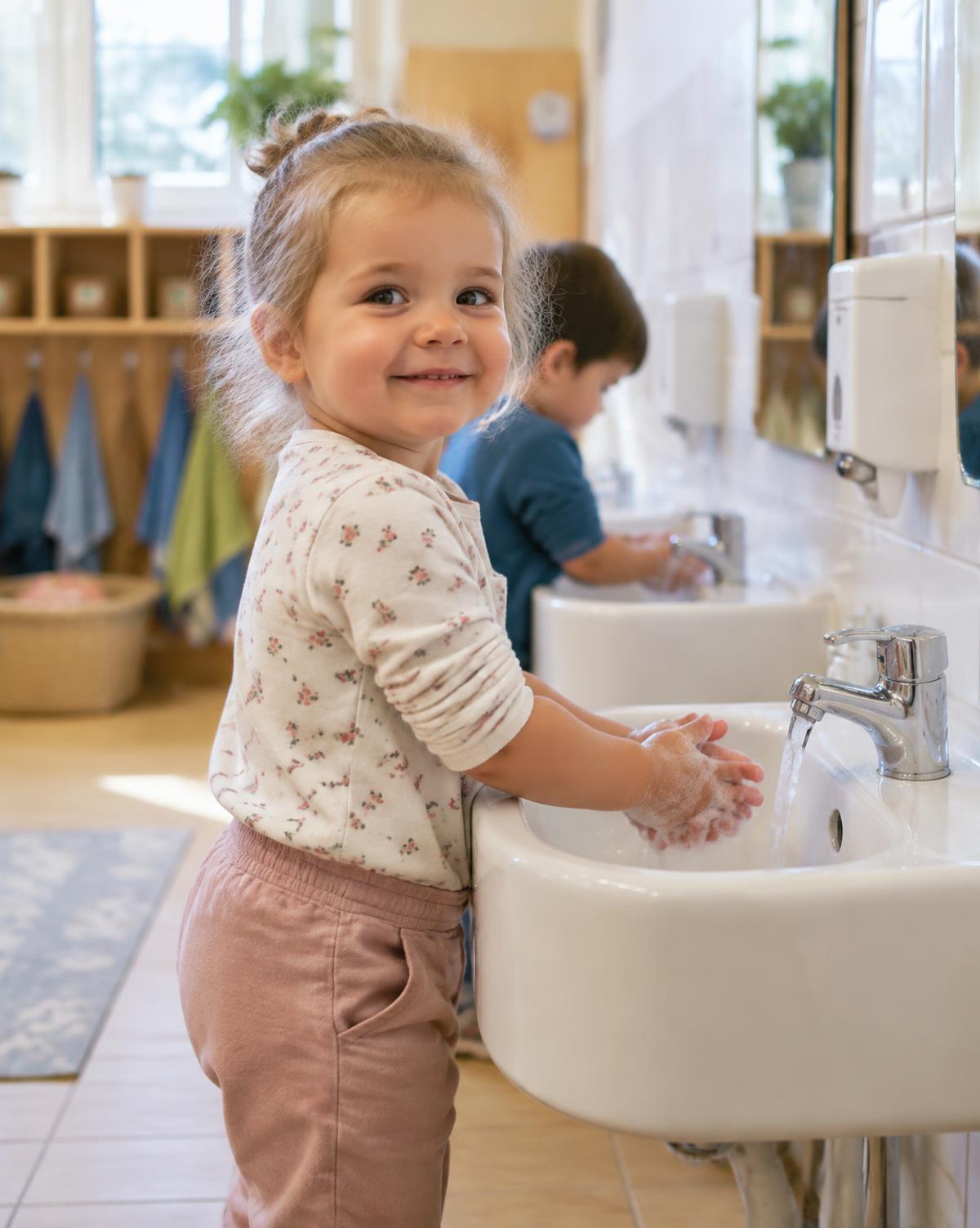 A toddler smiles while washing their hands at a child-height sink in a bright classroom bathroom.