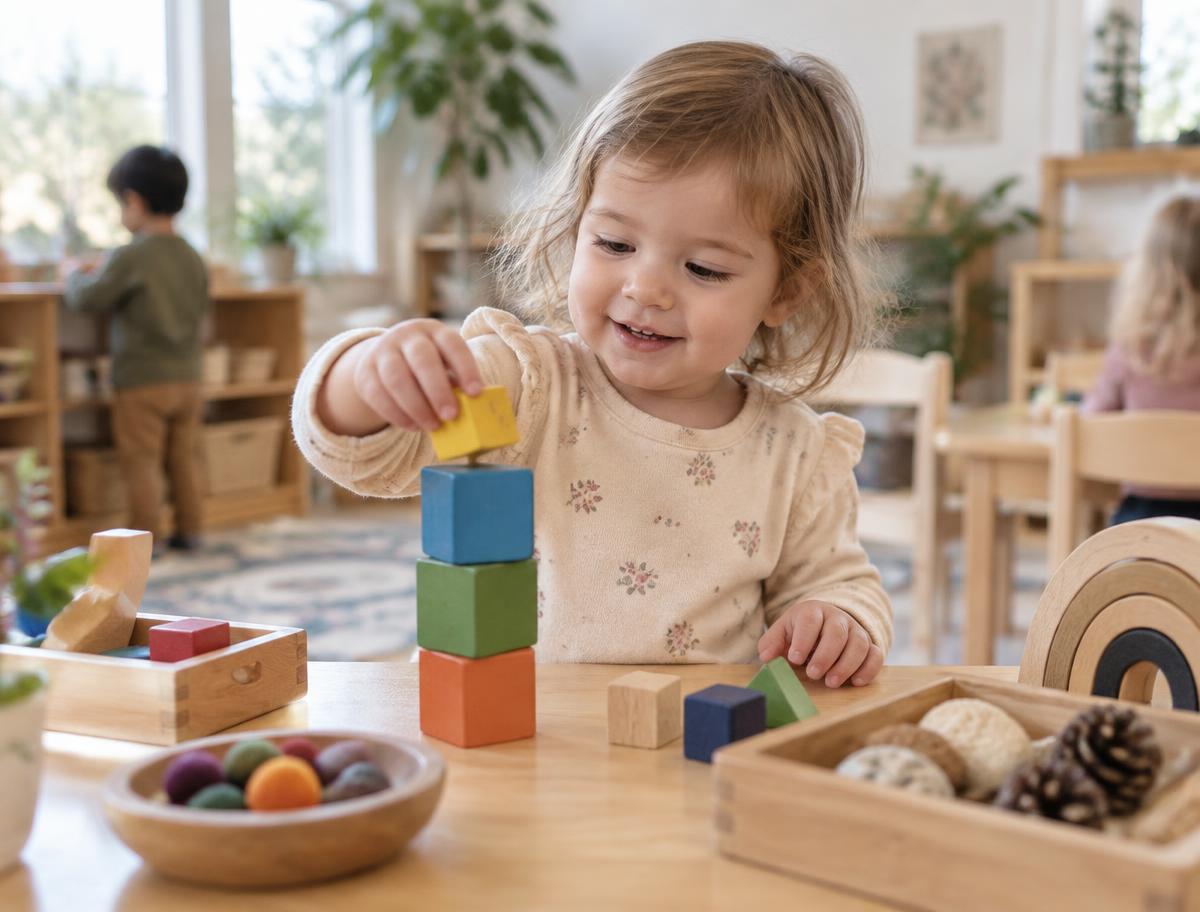 A toddler stacks wooden blocks at a low table while an adult watches nearby.