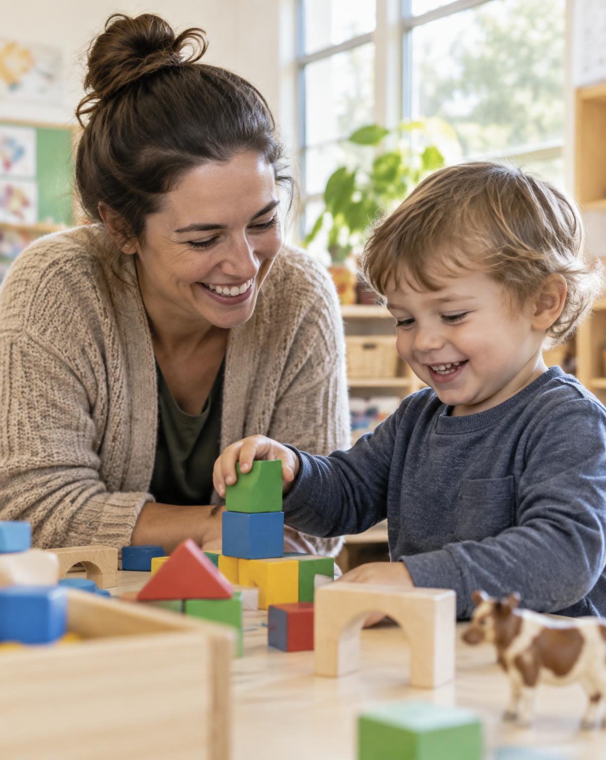 An early childhood teacher smiles beside a toddler building with wooden blocks in a bright classroom.