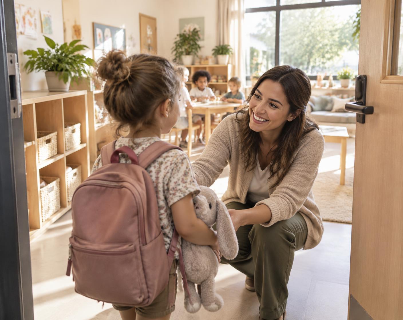 A welcoming early learning entryway with natural light, plants and children's artwork.